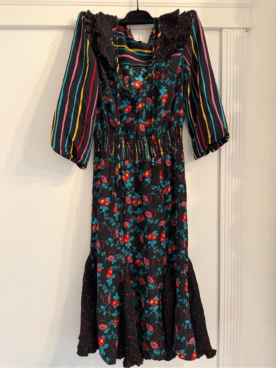 Betsey Johnson Dresses & Skirts - Betsey Johnson Black Floral Stripe Ruffle Midi Dress with Multicolor Accents